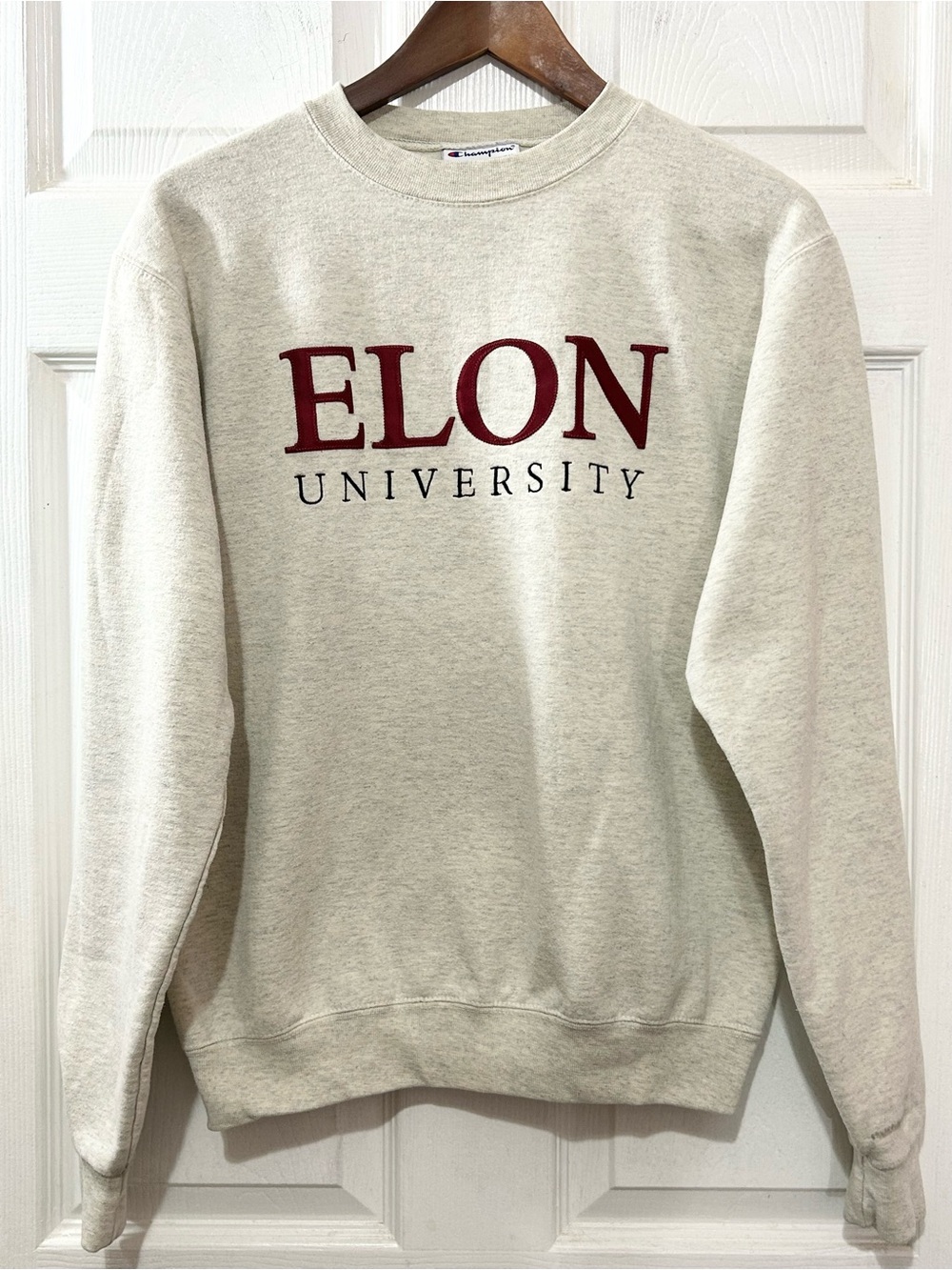 Champion Elon University Crewneck Sweatshirt Small Oatmeal Embroidered Spell Out
